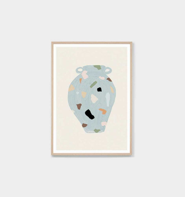 Middle of Nowhere Terrazzo Vase 4 print framed in oak with white border and terrazzo pattern vase illustration