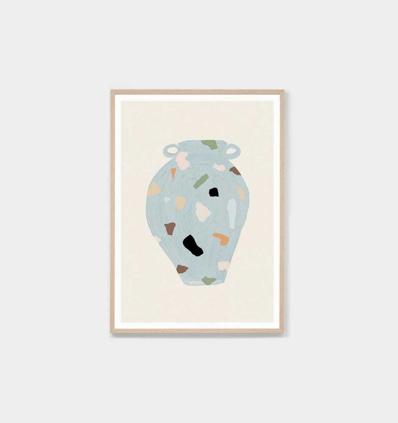 Middle of Nowhere Terrazzo Vase 4 print framed in oak with white border and terrazzo pattern vase illustration