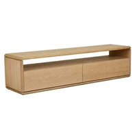 GlobeWest Henry Entertainment Unit in light oak with clean lines, open shelving, and two soft-close drawers.