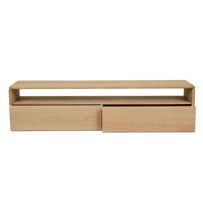 GlobeWest Henry Entertainment Unit in light oak with clean lines, two drawers, oak veneer, and chamfered plinth base