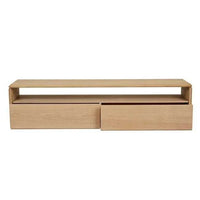 GlobeWest Henry Entertainment Unit in light oak with clean lines, two drawers, oak veneer, and chamfered plinth base