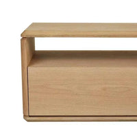 GlobeWest Henry Entertainment Unit in light oak with clean lines, solid oak veneer, two soft-close drawers, and chamfered plinth base.