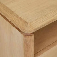 Close-up of GlobeWest Henry Entertainment Unit corner in light oak with solid oak veneer and chamfered edge design.