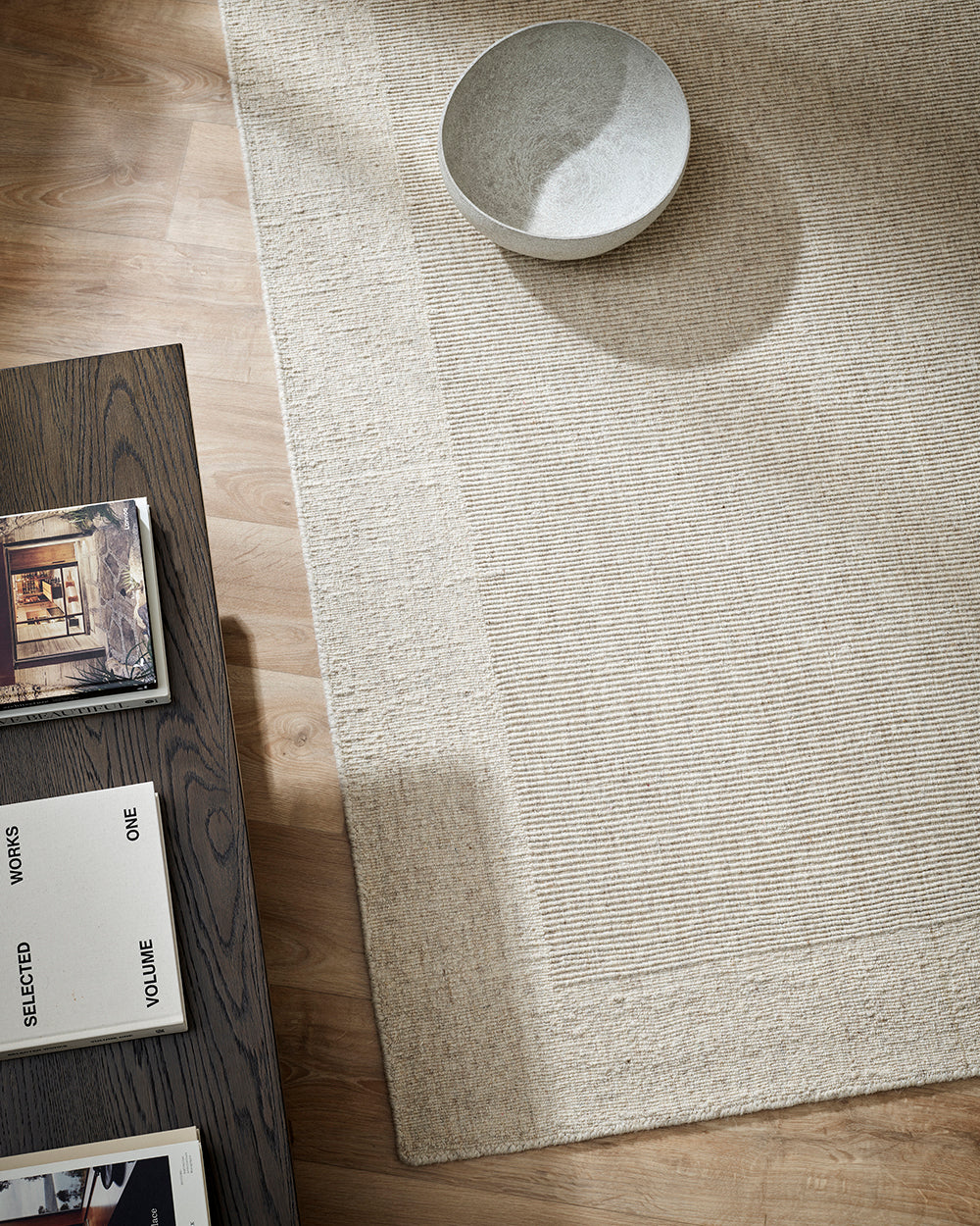 Baya Vermont rug in Sand styled in a living room