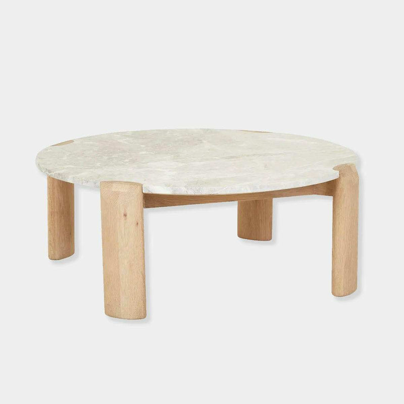 Globe West Willa Marble coffee table with grey marble top and light oak legs, modern round design