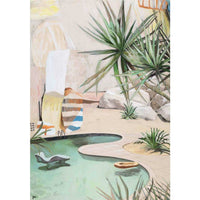 Limited edition fine art canvas print "Wish You Were Here" depicting a soft-focus, textured painting of a poolside scene with plants and rocks.