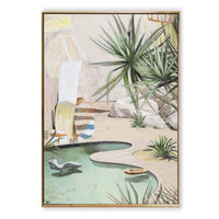 Limited edition fine art canvas print of a soft-focus acrylic painting depicting a serene poolside scene with tropical plants and textured layered colors.