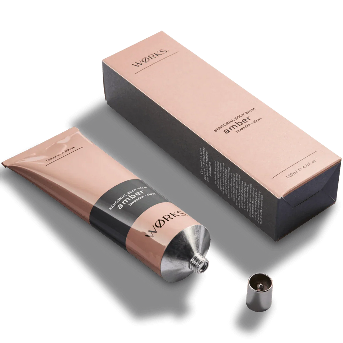 Works Body Balm amber-scented 120ml in recyclable aluminium tube with plastic-free cap, nourishing and fast-absorbing for dry skin.