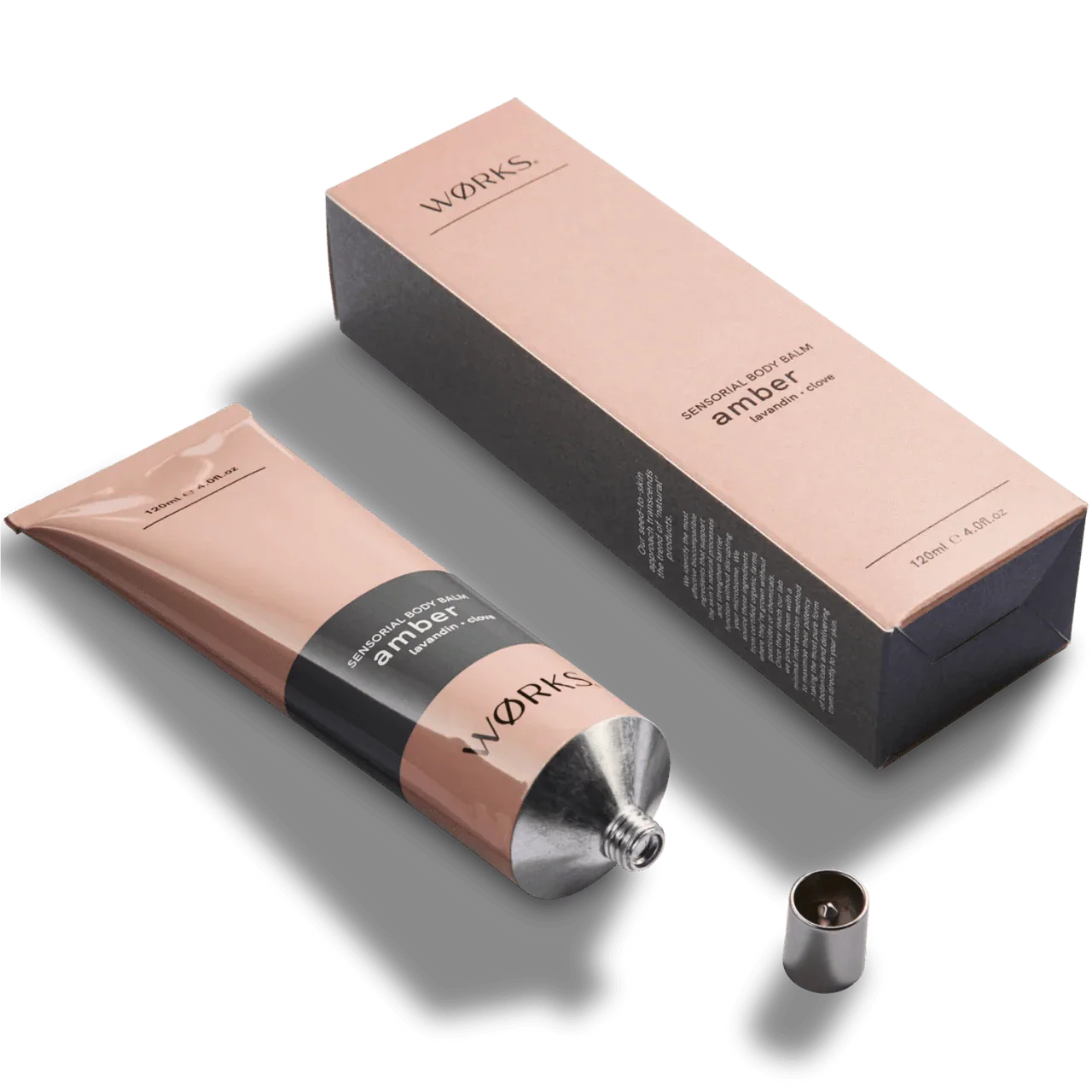 Works Body Balm amber-scented 120ml in recyclable aluminium tube with plastic-free cap, nourishing and fast-absorbing for dry skin.