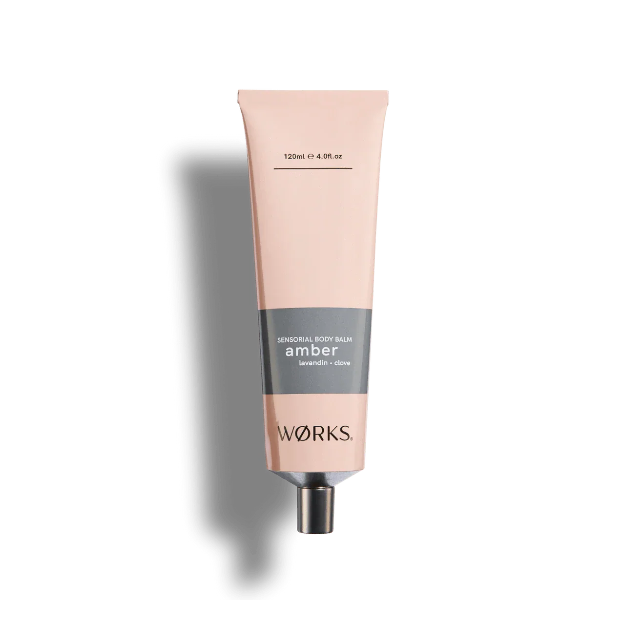 Works Body Balm amber scent in a 120ml recyclable aluminium tube with lavandin and clove fragrance