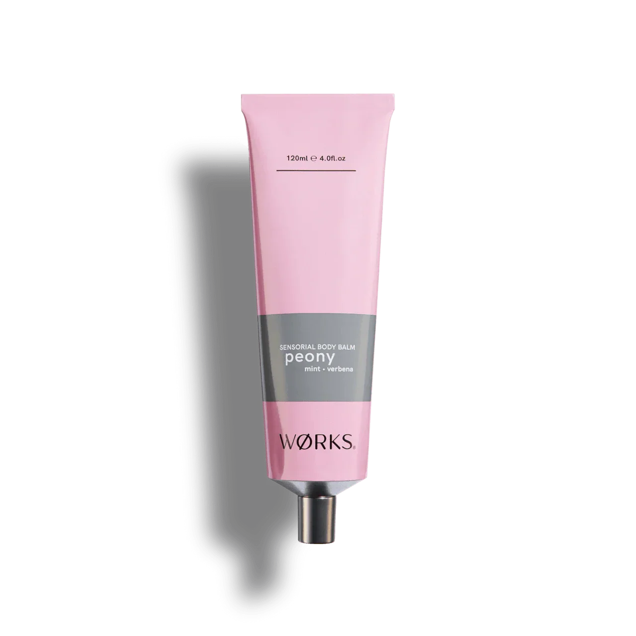 Works Body Balm Tube Peony 120ml in pink plastic-free aluminium packaging with mint and verbena scent