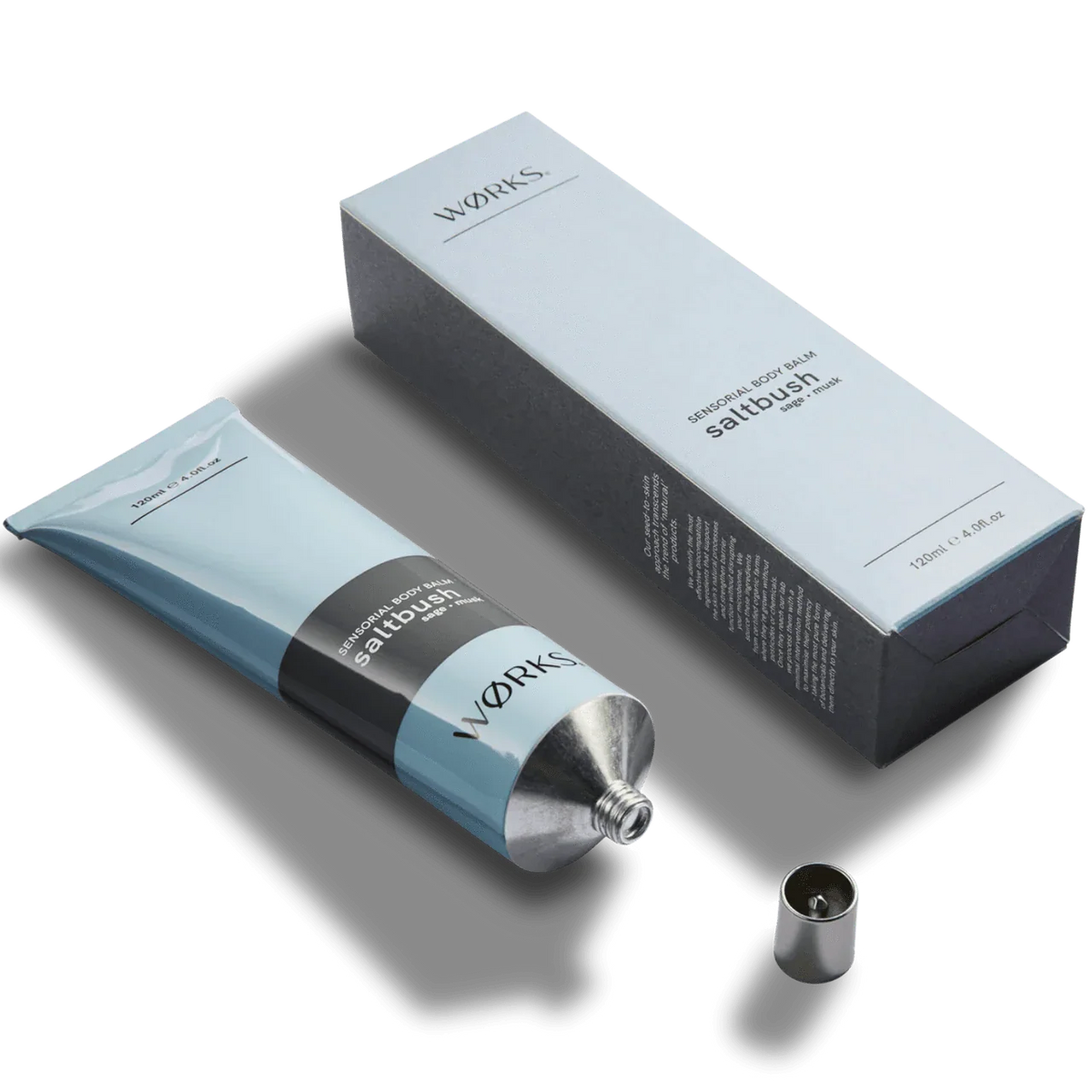 Works Body Balm Saltbush in a sleek recyclable aluminium tube with packaging, hydrating and non-greasy formula.