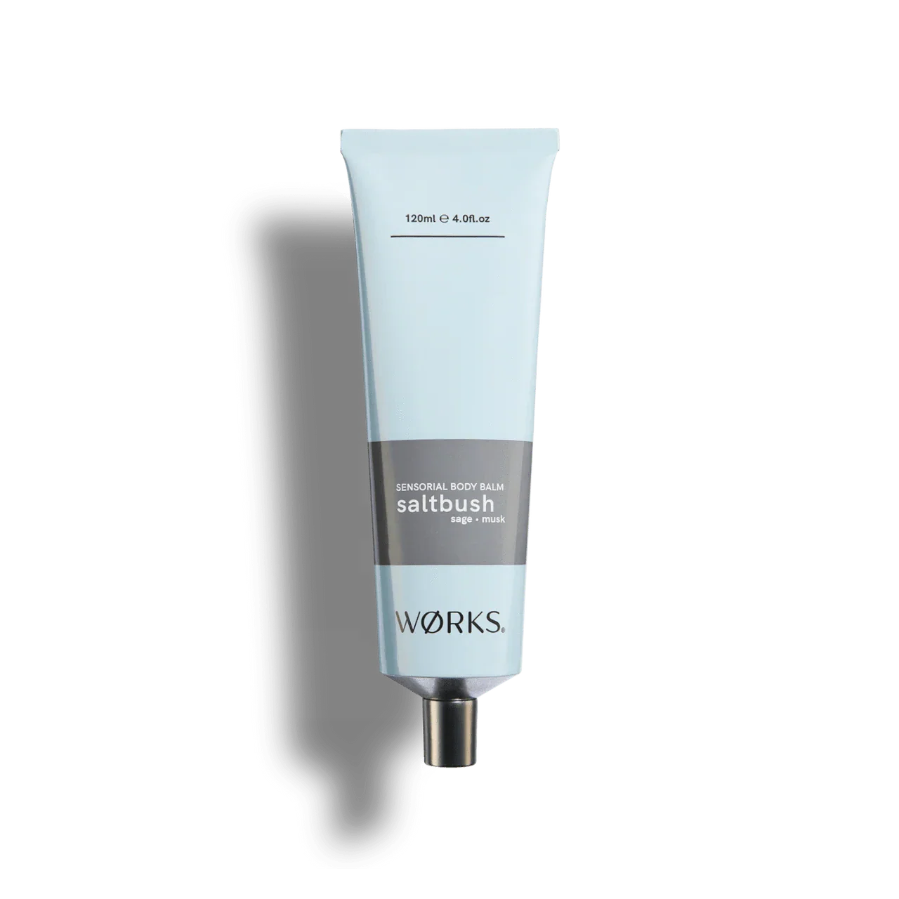 Works Body Balm Saltbush in a 120ml recyclable aluminium tube with earthy, coastal fragrance and hydrating plant oils.