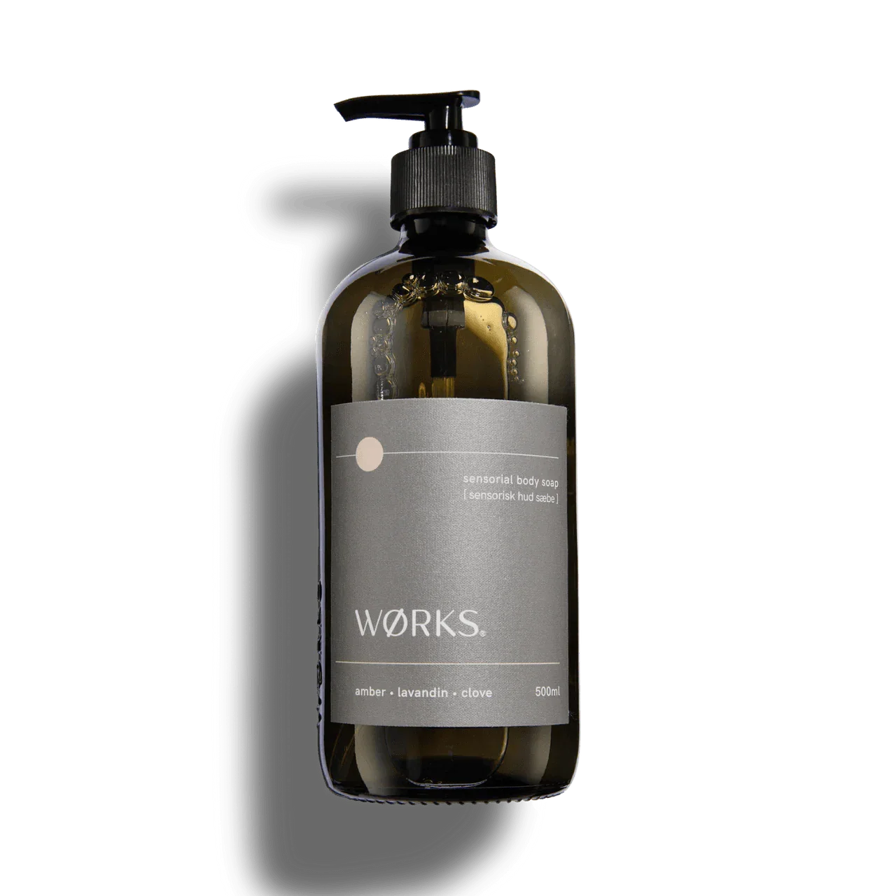 Works Body Soap amber scent in 500ml dark glass pump bottle with minimalist label