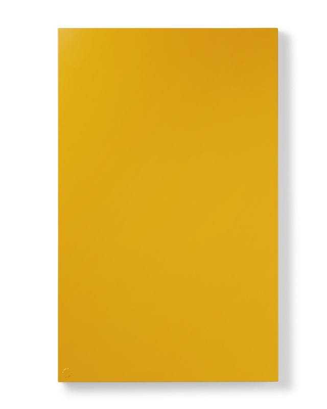 Mustard yellow magnetic storyboard with powder coated finish matching Mustard Made lockers for versatile wall hanging