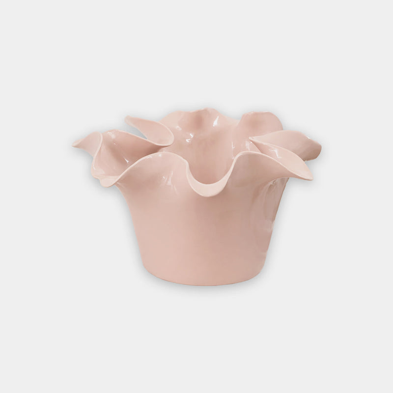norsu Studio Flow sculptural ceramic bowl in muted blush with ruffled edges and glossy organic finish