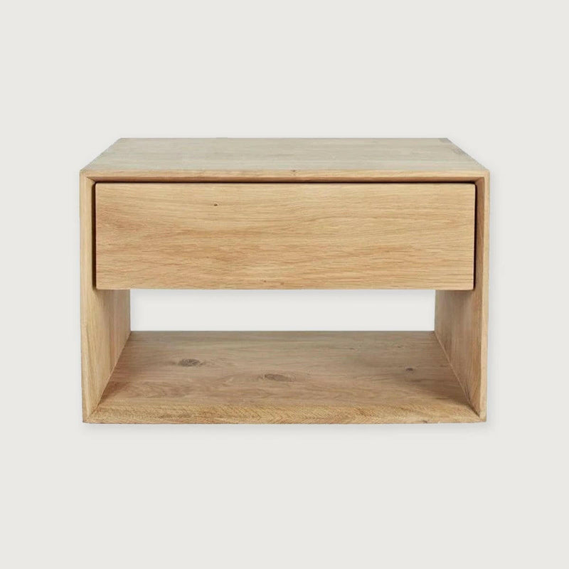 Ethnicraft Nordic II Bedside Table in natural oak with one drawer and open shelf, solid European oak wood, minimalist design