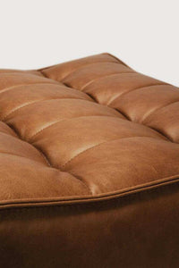 Ethnicraft Sofa N701 Old Saddle brown aniline leather footstool with tufted cushion and hardwood frame