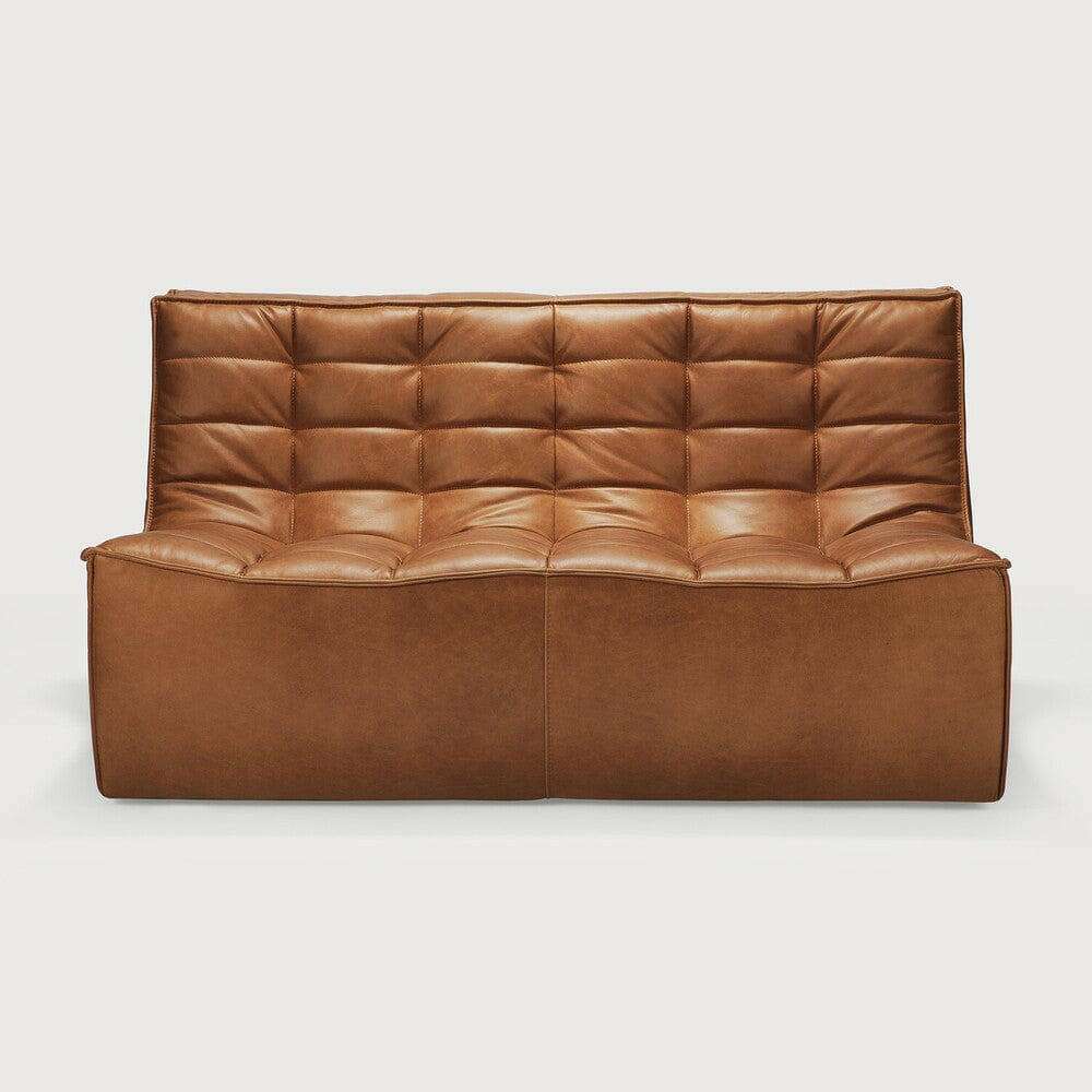 Ethnicraft Sofa N701 2 seater in Old Saddle brown aniline leather with tufted cushions and comfortable design