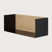 Ethnicraft Black Oak U Shelf medium with solid oak back and black metal sides, oiled finish, wall-mounted minimalist design.