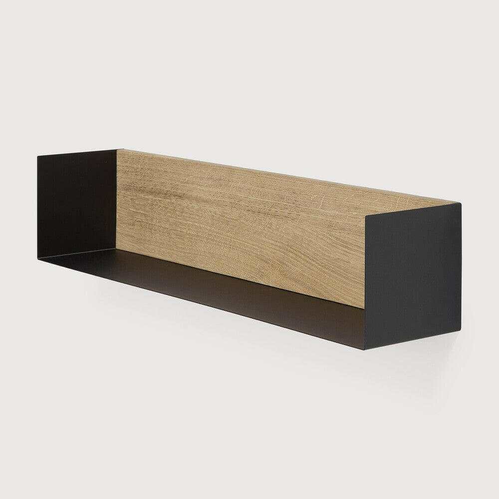Ethnicraft Black Oak U Shelf large with solid oak back and black metal sides, oiled finish, wall-mounted design.