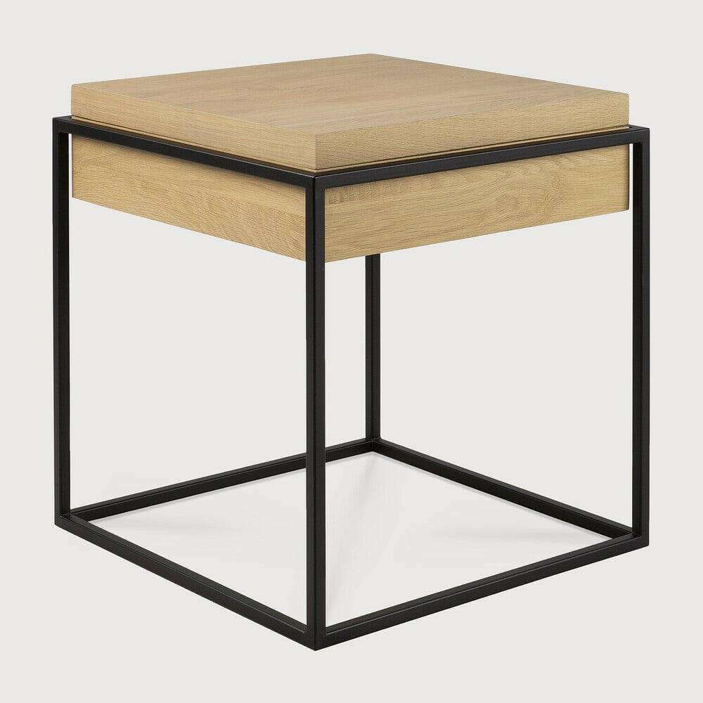 Ethnicraft Oak Monolit side table with solid oak top and black metal frame, minimalist design with storage compartment and removable cover
