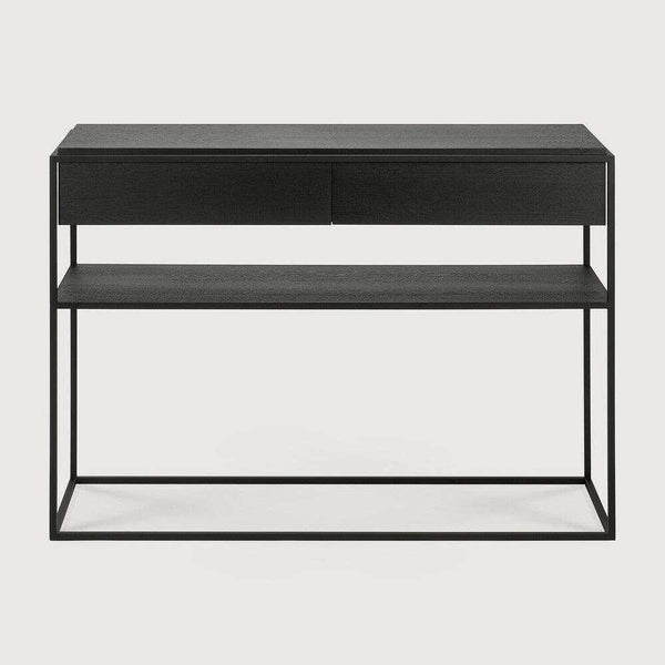 Ethnicraft Monolit Console in black with solid oak drawers and metal frame, modern stylish hallway or desk table