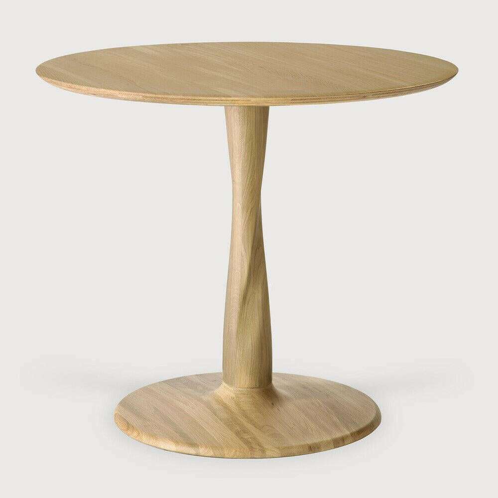 Ethnicraft Oak Torsion round dining table with twisted base in varnished solid oak wood