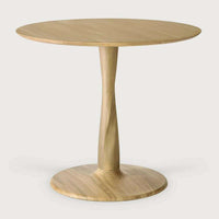Ethnicraft Oak Torsion round dining table with twisted base in varnished solid oak wood