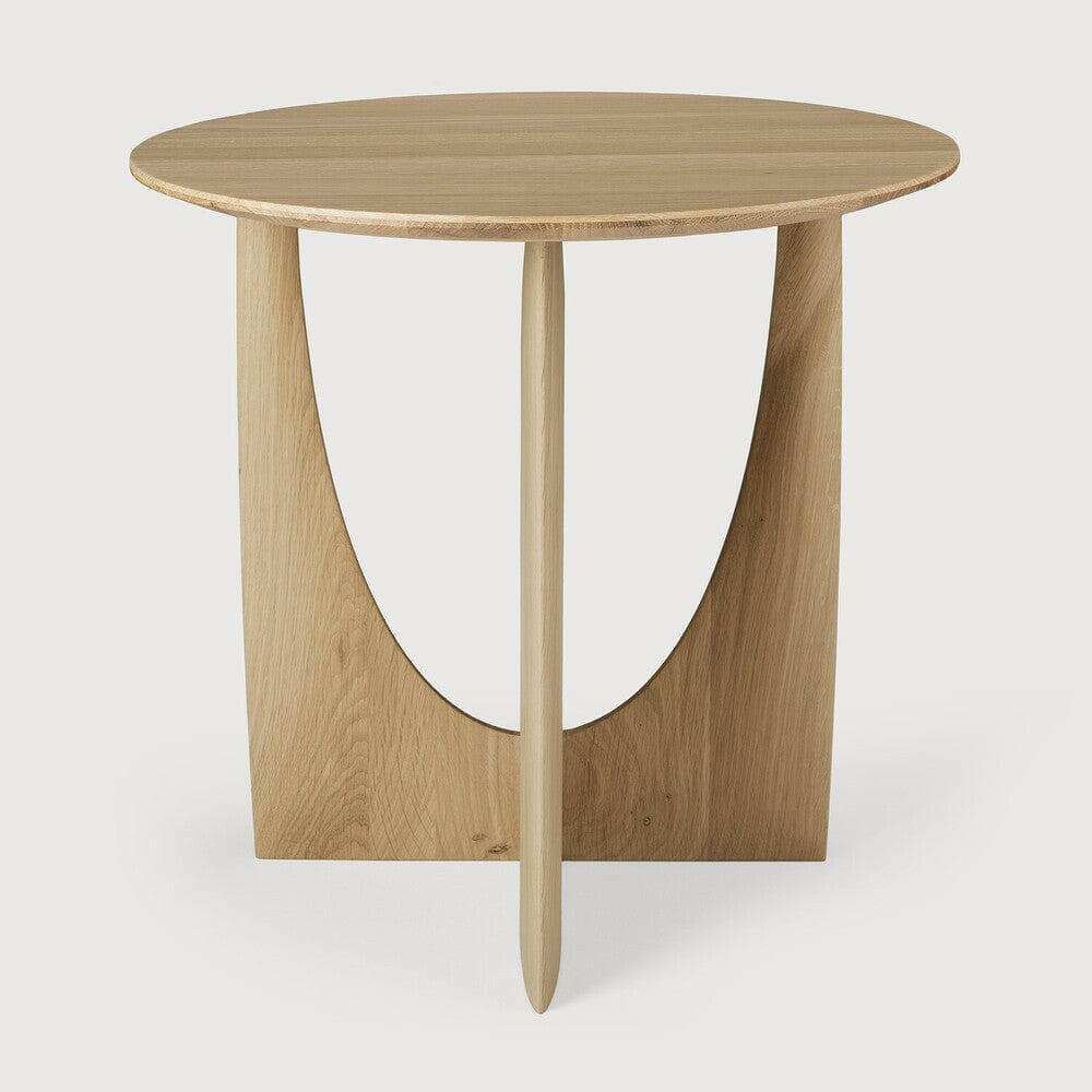 Ethnicraft Oak Geometric Side Table with round top and unique intersecting wooden base in varnished solid oak finish