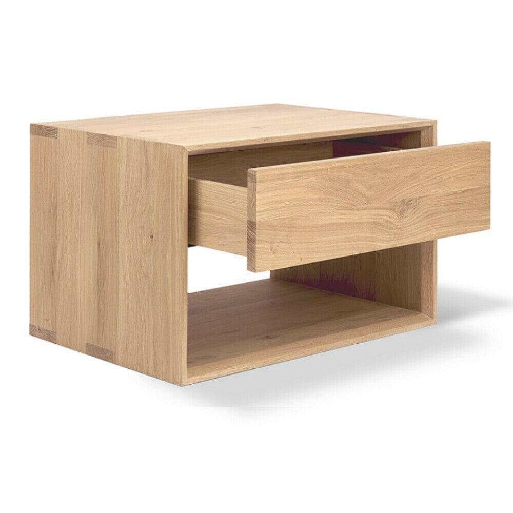 Ethnicraft Nordic II Bedside Table in natural oak with one drawer and open shelf, made from solid European oak.