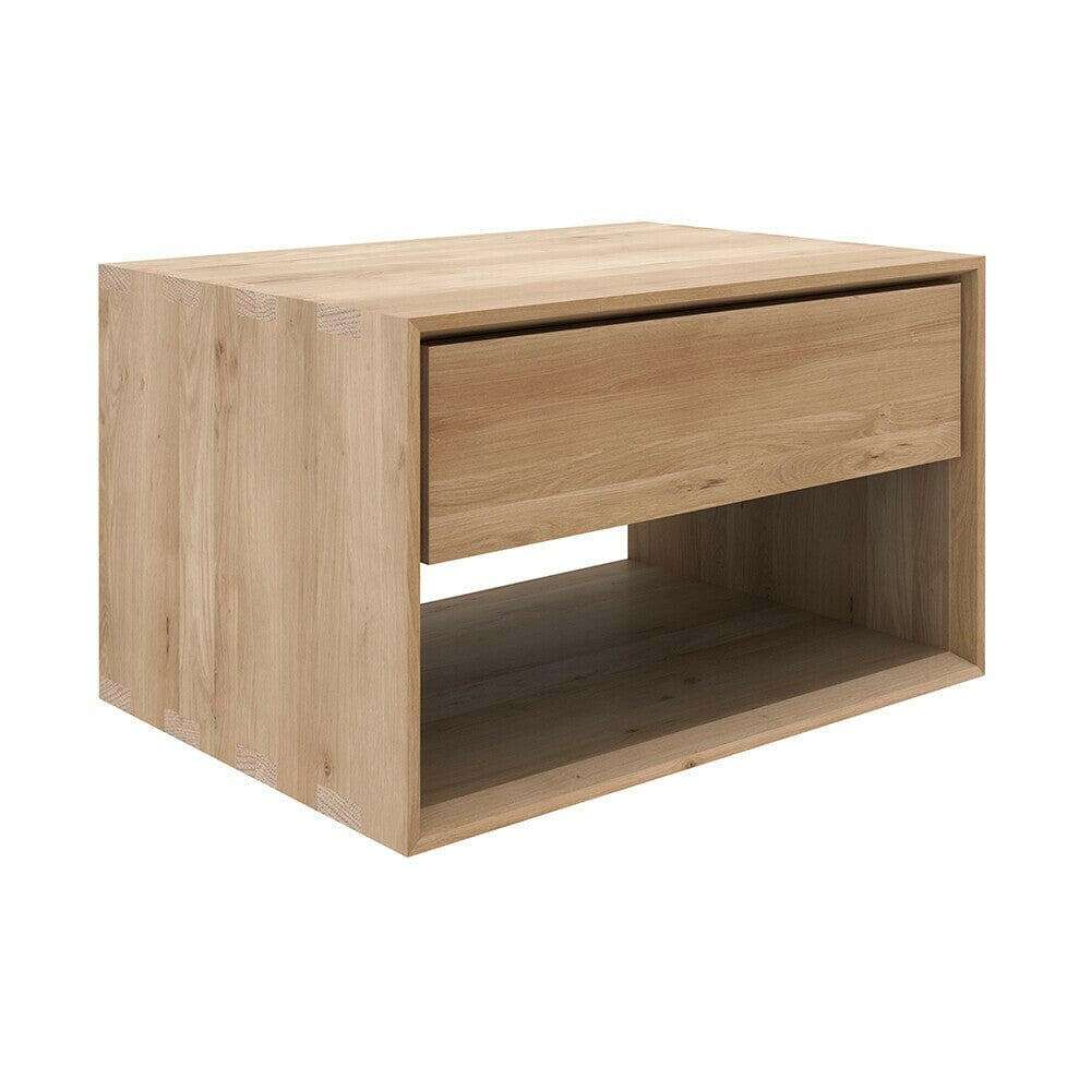 Ethnicraft Nordic II Bedside Table in natural oak with one drawer and open shelf, solid European oak wood design