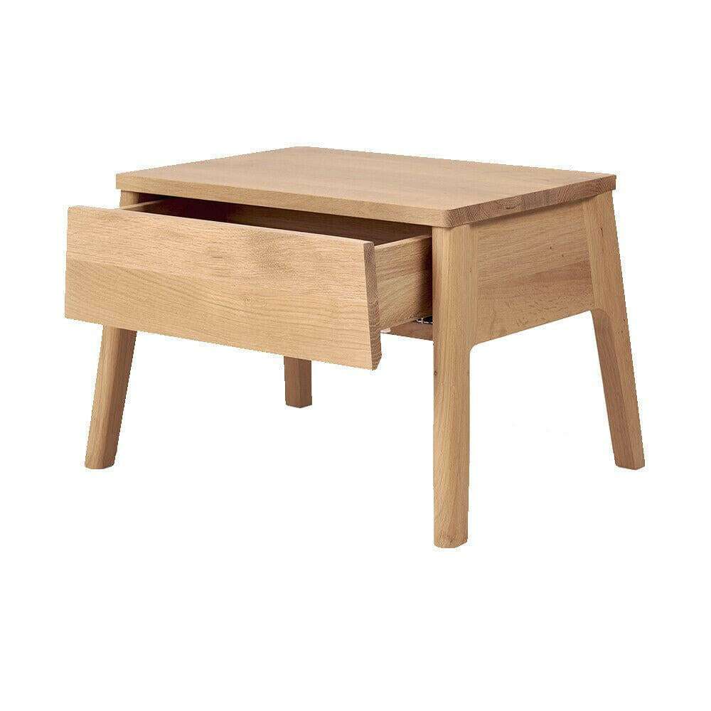 Ethnicraft Oak Air Bedside Table with one drawer in natural oak finish, solid European oak construction, modern minimalist design.