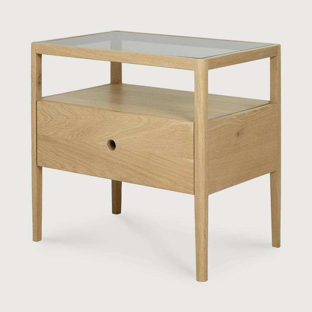 Ethnicraft Spindle Bedside table in natural oak with a single drawer and smokey glass top, solid European oak construction.