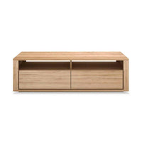 Ethnicraft Shadow TV Stand in natural oak with two drawers and open shelves, solid wood entertainment unit with modern design