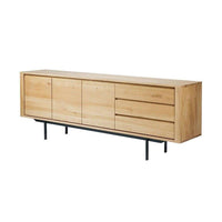Ethnicraft Oak Shadow Sideboard made of natural solid European oak with three doors and drawers on black metal legs