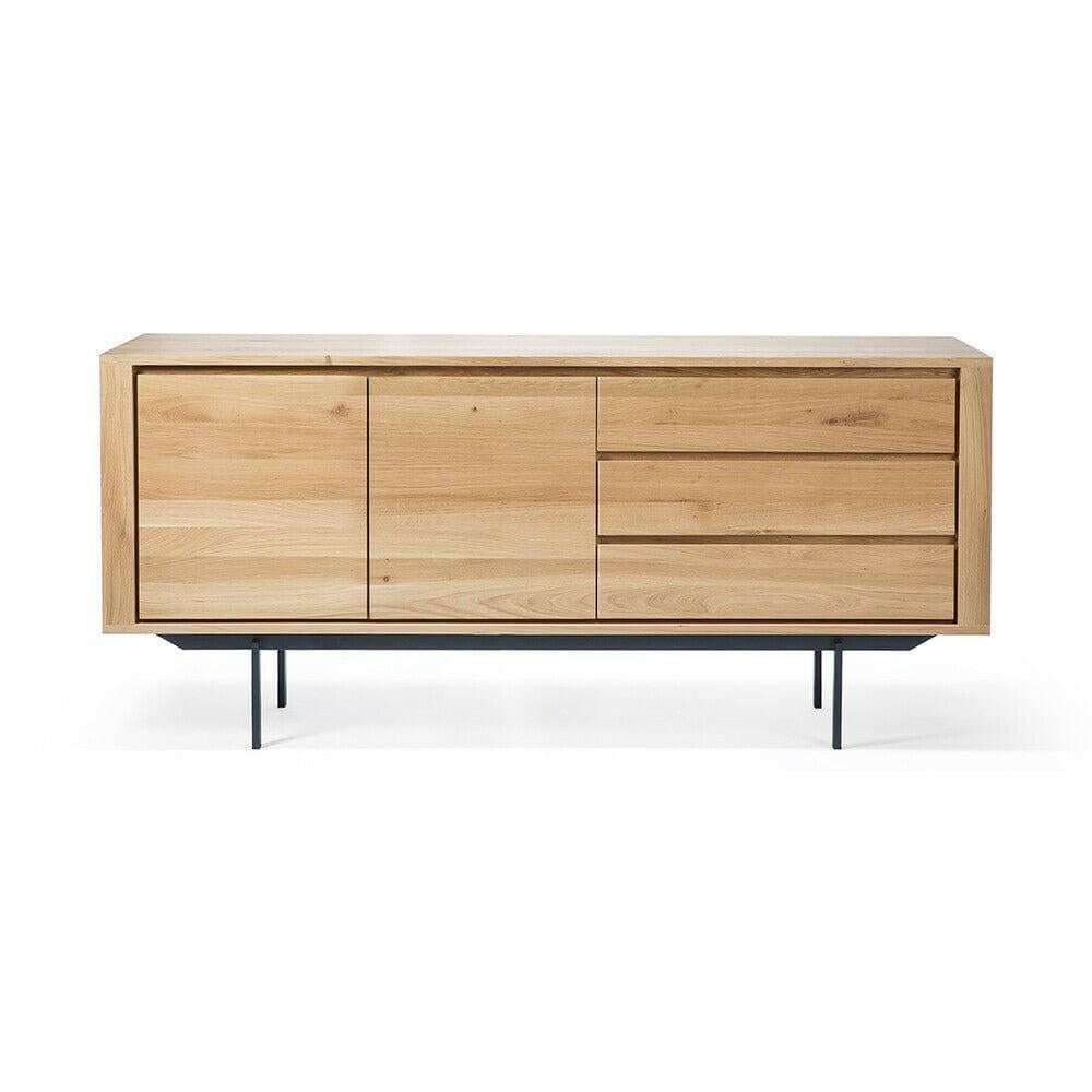 Ethnicraft Oak Shadow Sideboard made of solid European oak with natural finish and sleek black metal legs.