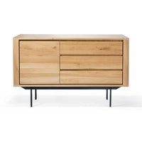 Ethnicraft Oak Shadow Sideboard in natural oak with 1 door and 3 drawers on black metal legs