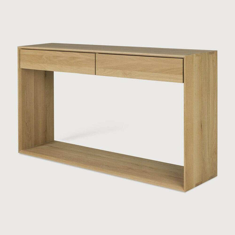 Ethnicraft Nordic Console in natural oak with two drawers and open bottom shelf, minimalist solid wood design
