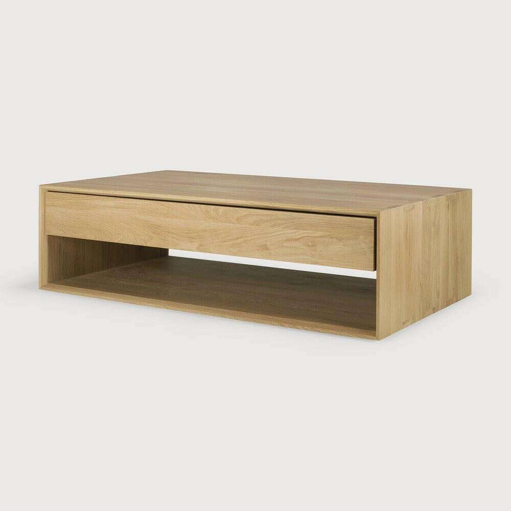 Ethnicraft Nordic Coffee Table in natural oak with one drawer and open shelf, made from solid European oak.