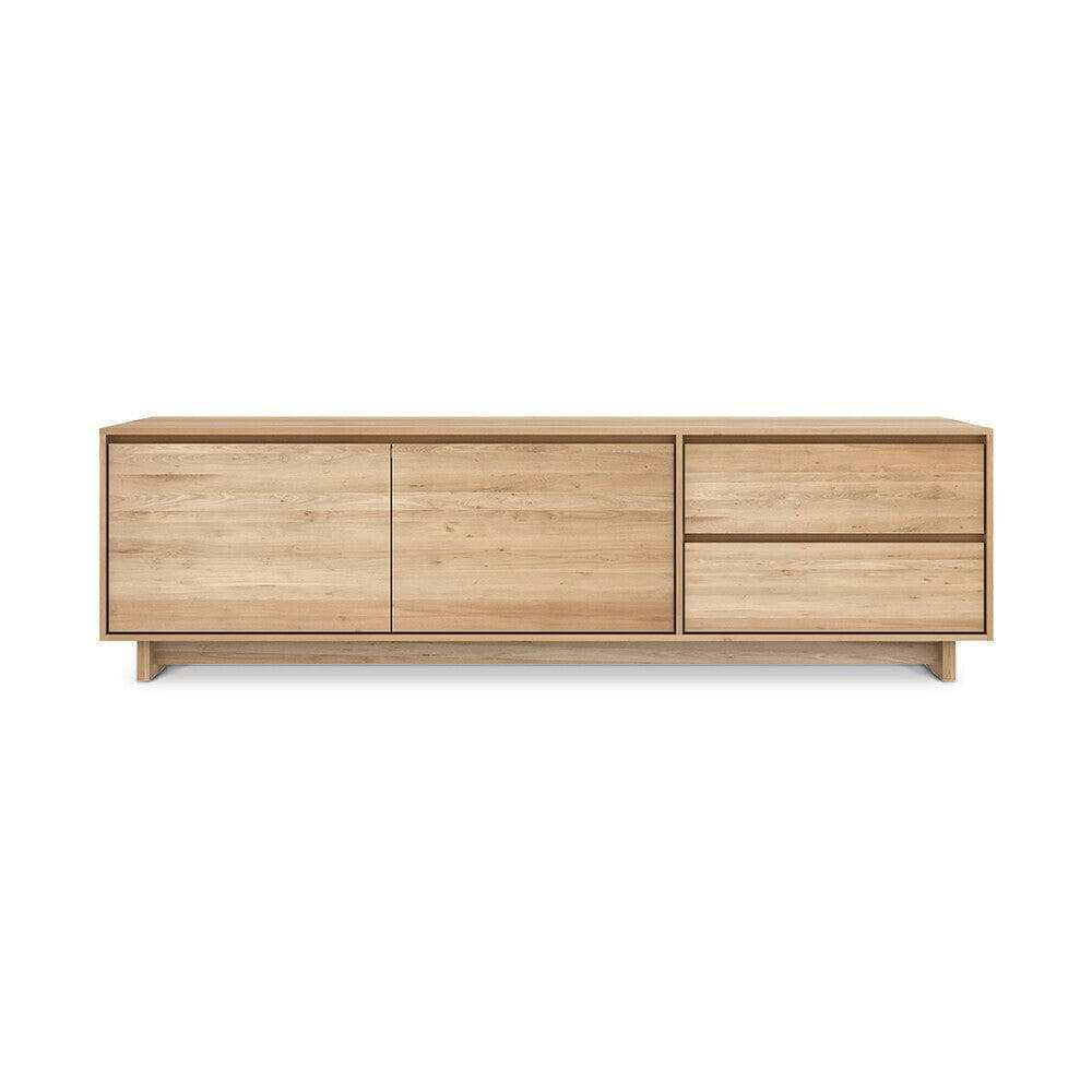 Ethnicraft Wave natural oak entertainment unit with two open drawers and one flip-down drawer made from solid European oak