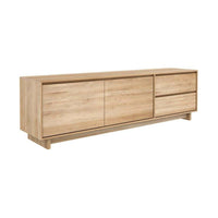 Ethnicraft Wave Entertainment Unit in natural oak with drawers and flip-down door, solid European oak wood design