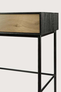 Ethnicraft Blackbird console desk with natural oak drawer and black metal frame, solid European oak, two soft-close drawers, modern minimalist design.