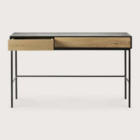Ethnicraft Blackbird console desk with natural oak drawers and black metal frame, modern design with soft close drawers.
