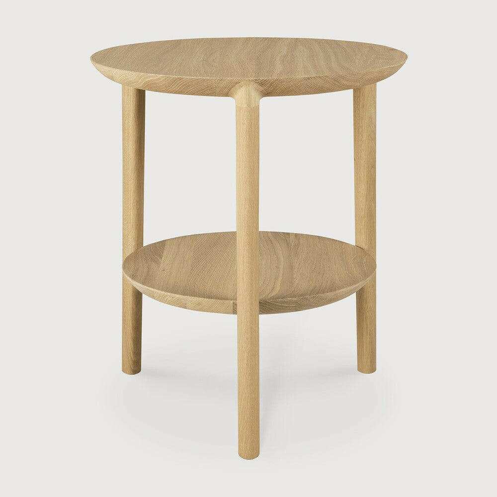 Ethnicraft Oak Bok Side Table with two round oak shelves and three legs in natural oak finish