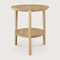 Ethnicraft Oak Bok Side Table with two round oak shelves and three legs in natural oak finish