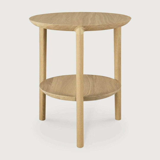 Ethnicraft Oak Bok Side Table with two round oak shelves and three legs in natural oak finish