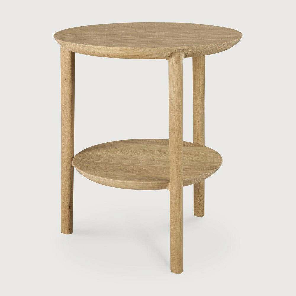 Ethnicraft Oak Bok Side Table with round top and lower shelf in natural oak finish