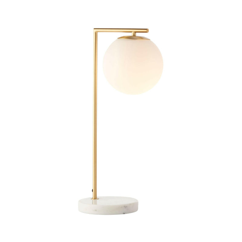 Remi Desk Lamp with antique brass finish, white marble base, and frosted glass shade in Mid-Century Modern style