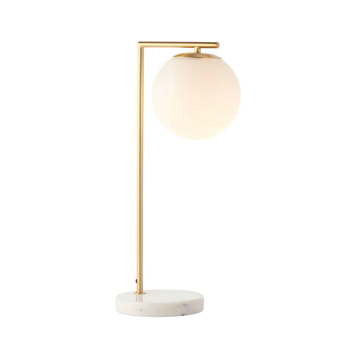Remi Desk Lamp with antique brass finish, white marble base, and frosted glass shade in Mid-Century Modern style